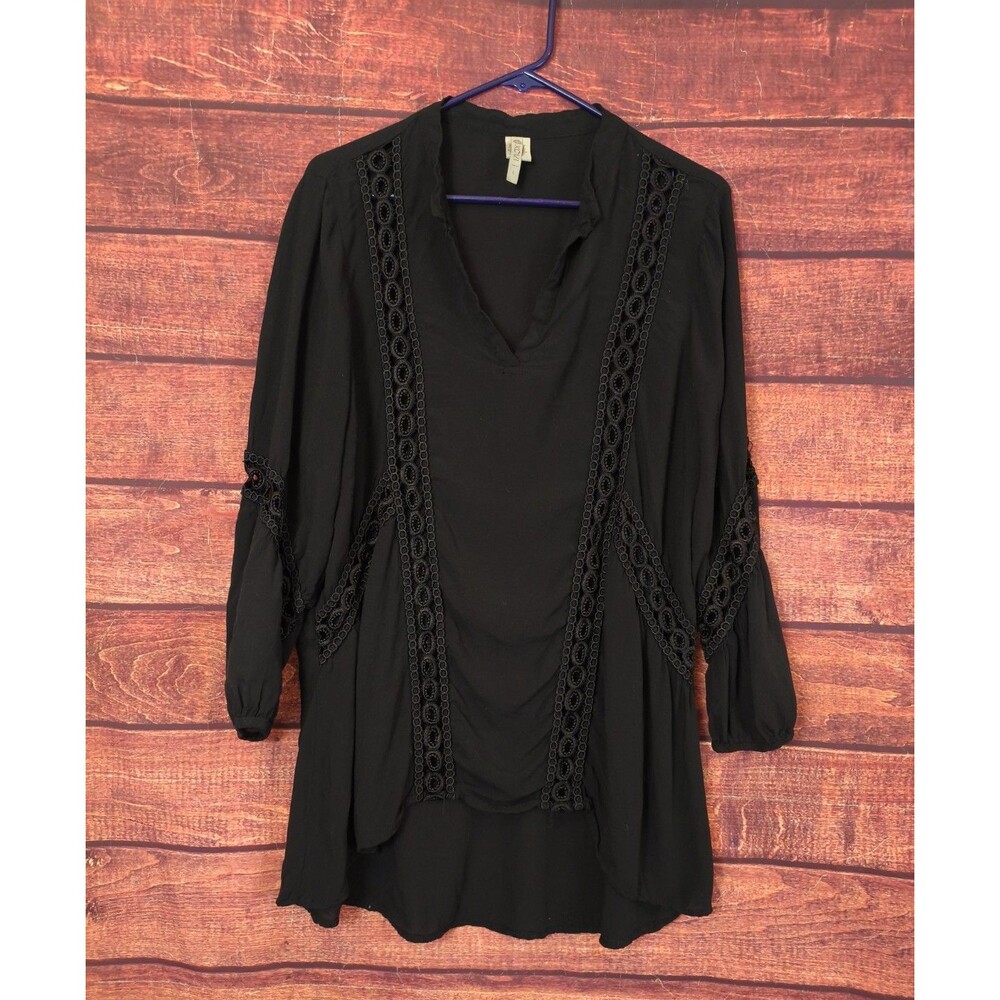 XCVI Black Sheer Crochet Lace Trim Tunic Top‎ Hi Lo Hem Split Neck Womens size L